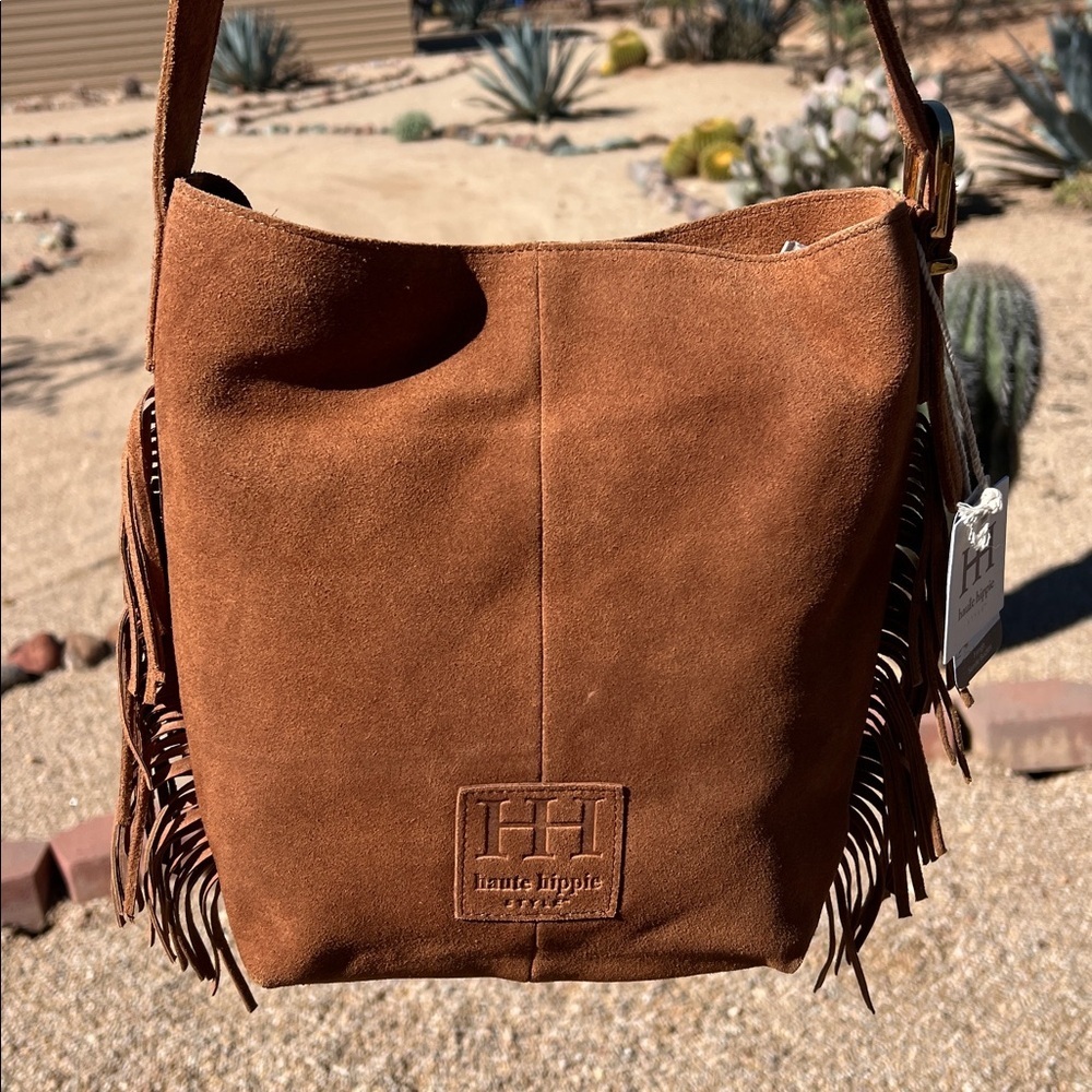 Haute Hippie | Honey Tan Suede Bucket Bag w/ Fringe and Adjustable Buckle - Picture 5 of 11